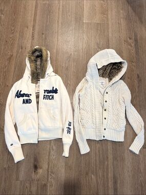 Abercrombie & Fitch Girls' Cream White Hooded Zip Puffer with Faux-Fur Trim
